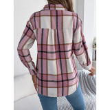 Women’s Lapel Collar Plaid Flannel Long Sleeve Button‑Down Casual Shirt