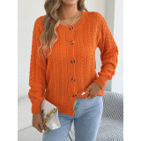 Crew Neck Cable Knit Long Sleeve Button‑Front Casual Cardigan