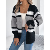 Color Block Striped Loose Knit Open Front Cardigan