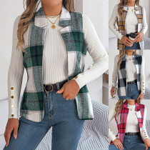 Plaid Lapel Sleeveless Open Front Casual Vest