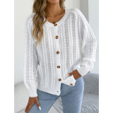 Crew Neck Cable Knit Long Sleeve Button‑Front Casual Cardigan