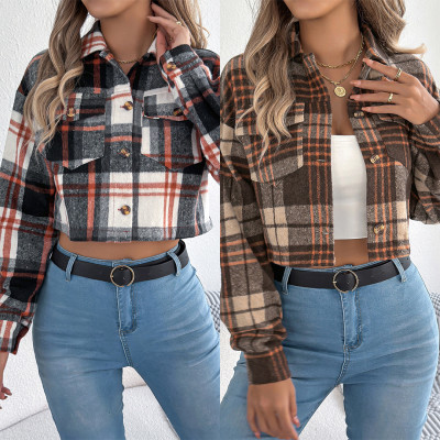 Cropped Plaid Shacket Long Sleeve Button‑Down Flannel Crop Jacket