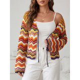 Retro Wavy Stripe Tie‑Front Cropped Knit Cardigan