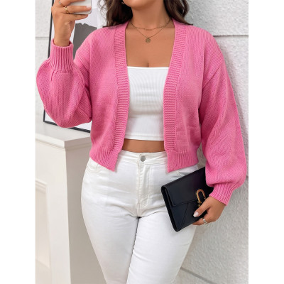 Women Open‑Front Puff Sleeve Cropped Knit Cardigan