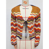 Retro Wavy Stripe Tie‑Front Cropped Knit Cardigan