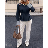 Women Navy Peplum Blouse Contrast Striped Cuffs Long Sleeve Fitted Top