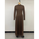 Brown Turtleneck Pleated Midi Dress