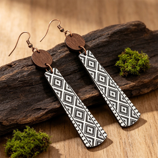 Boho Aztec Long Wooden Dangle Earrings