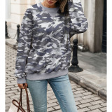 Camo Print Mock V‑Neck Sweatshirt Long Sleeve Drop‑Shoulder Loose Casual Pullover Top