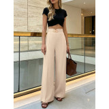 Beige Gold Buckle Wide Leg Pants