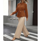 2 Piece Matching Outfit Collared Belted Peplum Blouse High Waist Wide Leg Pants Suit Set