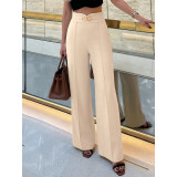 Beige Gold Buckle Wide Leg Pants