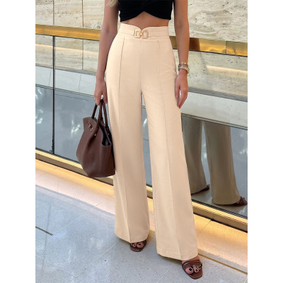 Beige Gold Buckle Wide Leg Pants