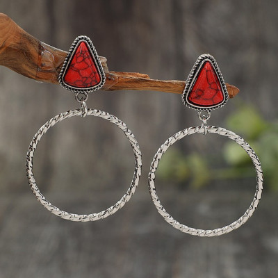 Western Red Turquoise Triangle Stone Dangle Hoop Earrings