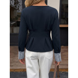 Women Navy Peplum Blouse Contrast Striped Cuffs Long Sleeve Fitted Top