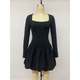 Black Square Neck Bubble Mini Dress