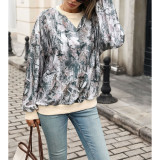 Camo Print Mock V‑Neck Sweatshirt Long Sleeve Drop‑Shoulder Loose Casual Pullover Top