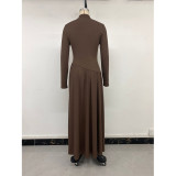Brown Turtleneck Pleated Midi Dress
