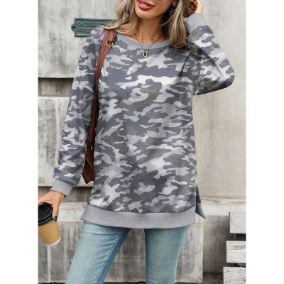 Camo Print Side Slit Crew Neck Sweatshirt