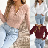 Half‑Zip Cable Knit Cropped Sweater Women Long Sleeve Ring Zipper Knit Pullover Top