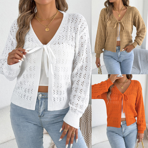 Women V‑Neck Long Sleeve Cropped Sweater Cover‑Up Tie Front Hollow Out Knit Cardigan