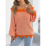 Women Lantern Sleeve Loose Knit Pullover Frayed Fringe Off‑Shoulder Striped Sweater