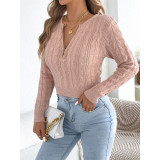 Half‑Zip Cable Knit Cropped Sweater Women Long Sleeve Ring Zipper Knit Pullover Top