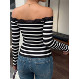 Striped Ribbed Off‑Shoulder Top With Lace Trim Long Sleeve Slim Blouse
