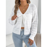 Women V‑Neck Long Sleeve Cropped Sweater Cover‑Up Tie Front Hollow Out Knit Cardigan