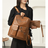 Faux Leather Backpack Multi‑Pocket Large Laptop Travel Work Daypack
