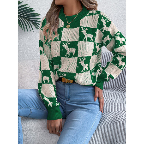 Christmas Reindeer Checkered Knit Sweater