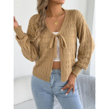 Women V‑Neck Long Sleeve Cropped Sweater Cover‑Up Tie Front Hollow Out Knit Cardigan