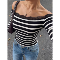 Striped Ribbed Off‑Shoulder Top With Lace Trim Long Sleeve Slim Blouse