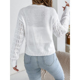 Women V‑Neck Long Sleeve Cropped Sweater Cover‑Up Tie Front Hollow Out Knit Cardigan