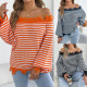 Women Lantern Sleeve Loose Knit Pullover Frayed Fringe Off‑Shoulder Striped Sweater