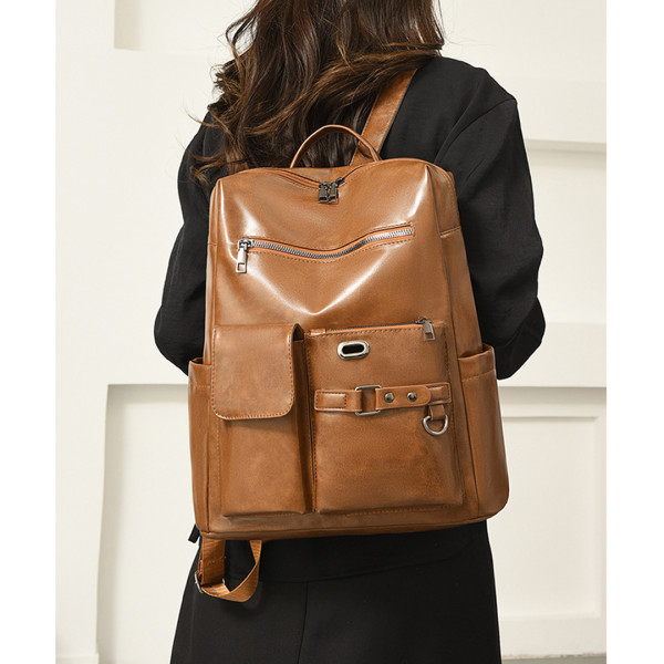 Faux Leather Backpack Multi‑Pocket Large Laptop Travel Work Daypack