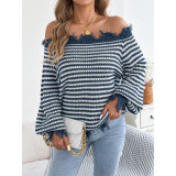 Women Lantern Sleeve Loose Knit Pullover Frayed Fringe Off‑Shoulder Striped Sweater