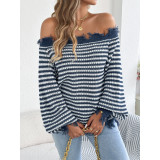 Women Lantern Sleeve Loose Knit Pullover Frayed Fringe Off‑Shoulder Striped Sweater
