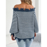 Women Lantern Sleeve Loose Knit Pullover Frayed Fringe Off‑Shoulder Striped Sweater