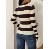 Women Striped Polo Ribbed Knit Sweater
