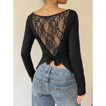 Women Floral Lace Sheer Back Tie‑Back Long Sleeve Slim Crop Top