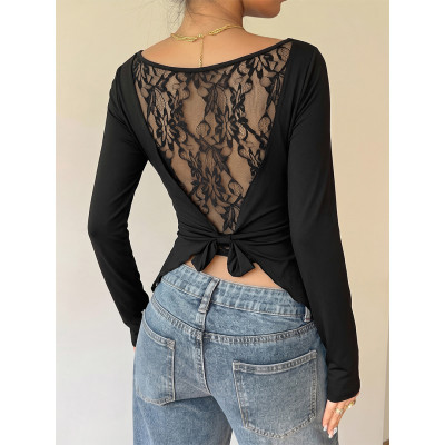 Women Floral Lace Sheer Back Tie‑Back Long Sleeve Slim Crop Top