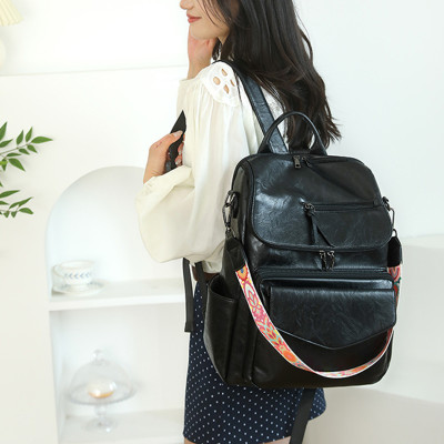 Retro Faux Leather Convertible Backpack Anti‑Theft Travel Bag With Floral Wide Strap