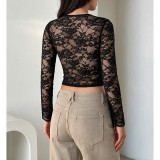 Black Square Neck Sheer Floral Lace Long Sleeve Slim Crop Top