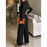 Women Black Lapel V‑Neck Belted Split Flared Leg Formal Jumpsuit