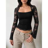 Black Square Neck Sheer Floral Lace Long Sleeve Slim Crop Top