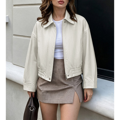 Chic Women Cropped Faux Leather Jacket Zip Front Casual Fall Outerwear