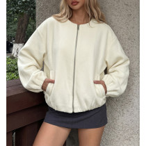 Casual Women Zip Up Fleece Jacket Loose Fit Fall Outerwear With Side Pockets