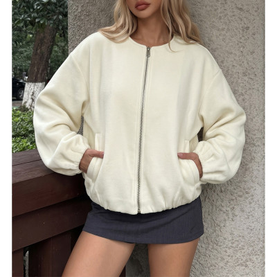 Casual Women Zip Up Fleece Jacket Loose Fit Fall Outerwear With Side Pockets