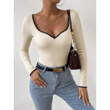 Ribbed Knit Top Sweetheart Neck Contrast Trim Slim Fit Long Sleeve Bodysuit